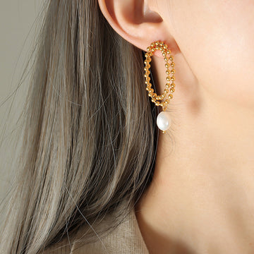 Double Bead Oval Hoop Pearl Drop Earrings Gold Steel