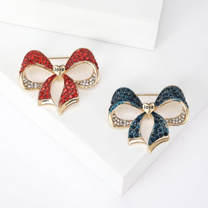 Rhinestone Bow Brooch Pin with Love Heart Center, Gold-Tone Alloy, Navy or Red
