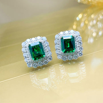 Silver Tone Green Emerald Cut Halo Stud Earrings Clear Border