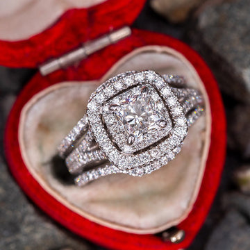 Silver Tone Cushion Halo Three Piece Pave Finger Ring Set