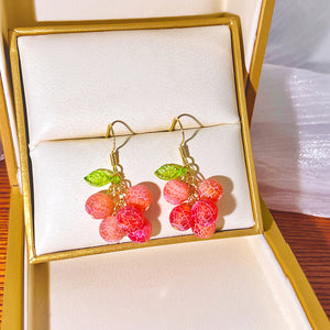 Orange Berry Cluster Drop Earrings with Green Leaf on Gold-Tone Hooks