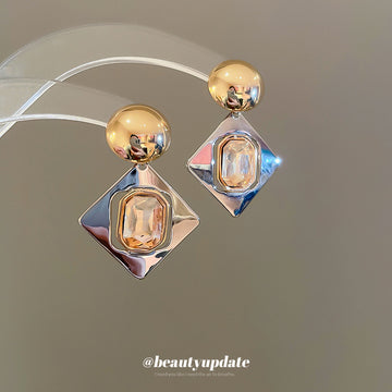 Gold and Silver Tone Geometric Drop Earrings With Amber Crystals