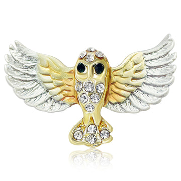 Gold Silver Two Tone Owl Brooch Spread Wings Crystal
