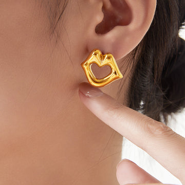 Hollow Heart Lips Stud Earrings Titanium Steel Gold Or Steel