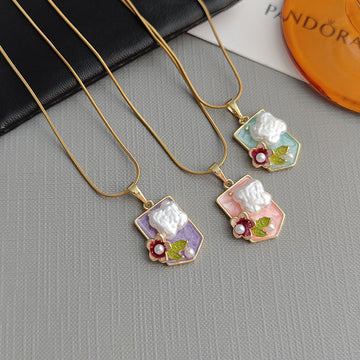 Gold Tone Shield Floral Pendant Necklace in Green Purple or Pink