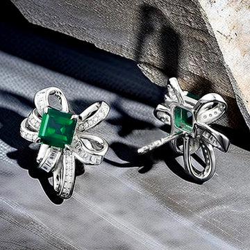 Silver Ribbon Bow Stud Earrings Green Square Stone