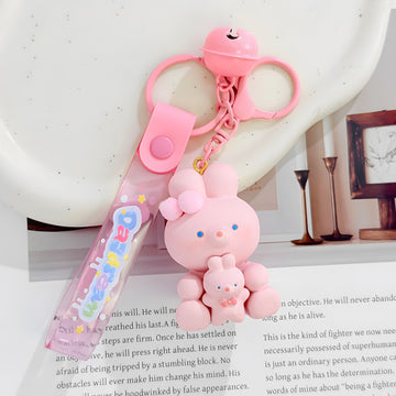 Cartoon Animal Resin Figure Keychain With Bell And Clear Wrist Strap