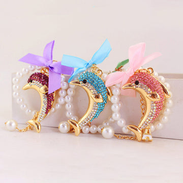 Rhinestone Dolphin Keychain With Ribbon Bow and Pearl-Look Beads