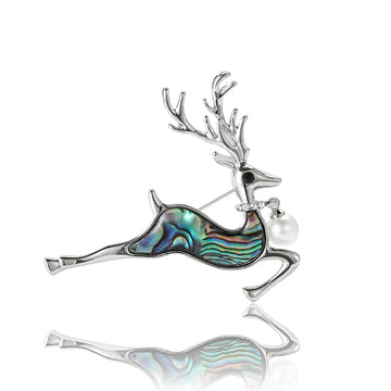 Silver Tone Leaping Deer Brooch With Shell Effect Body