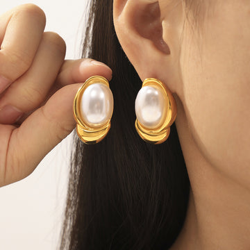 Oval Pearl Twist Frame Stud Earrings Gold Steel Metal Finish