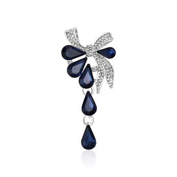 Navy Teardrop Crystal Bow Brooch Gold Silver Drop Pin