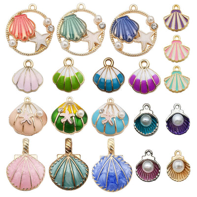 Colorful seashell charms arranged on a light background
