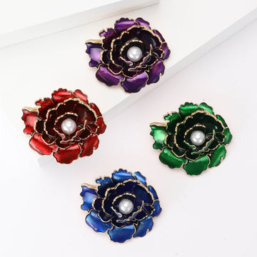 Layered Peony Brooch In Metal With Colored Enamel Petals With A Central Faux Pearl