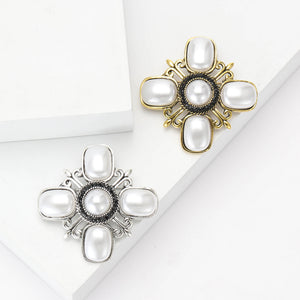 Baroque Cross Pearl Brooch Black Rhinestone Halo Metal Pin