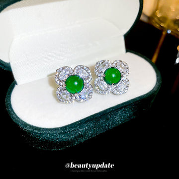 Silver Tone Crystal Flower Stud Earrings With Bright Green Centers