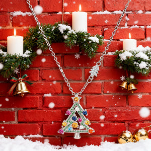 Multicolor Crystal Christmas Tree Pendant in Silver Tone
