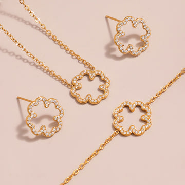 Clover Openwork Zircon Necklace Bracelet Stud Earrings Set