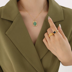 Natural Stone Square Bezel Pendant Necklace Gold Or Steel