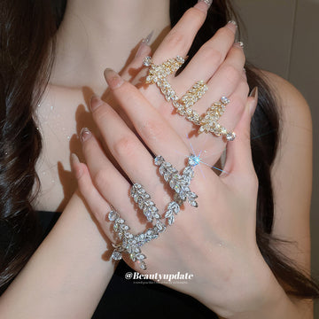 Silver Gold Crystal Leaf Multi Finger Ring Wheat Branches