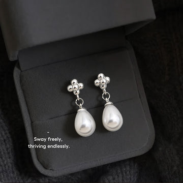 Silver-Tone Flower Stud Teardrop Pearl Drop Earrings