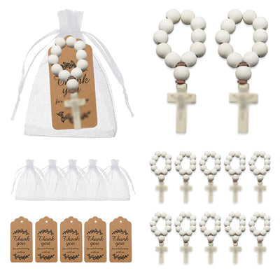 Wooden decade rosaries with organza bags and kraft thank-you tags