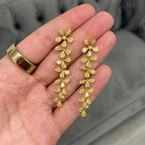 Gold Tone Leaf Branch Long Drop Earrings with Clear Stone Accents