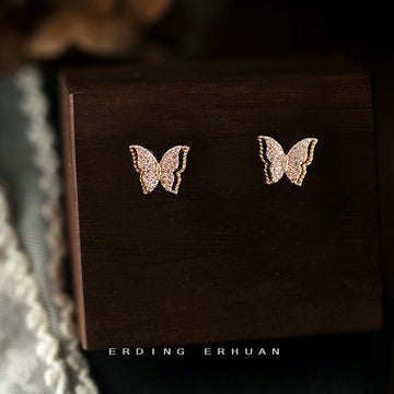 Gold Butterfly Stud Earrings Lilac Crystal Full Pave
