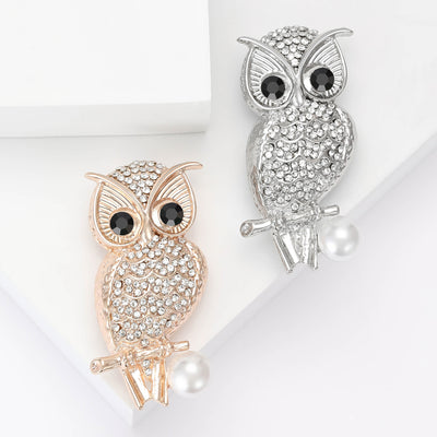 Crystal Owl Brooch with Faux Pearl Accent displayed from the front