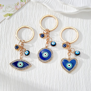 Rhinestone Blue Evil Eye Keychains in Heart, Round and Eye Shapes