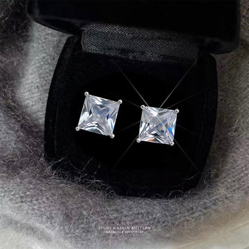 Silver Tone Square Cut Clear Stone Solitaire Stud Earrings For Women