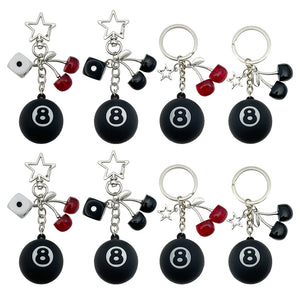 Black 8 Ball Keychains with Dice and Cherry Charms, 4 Styles