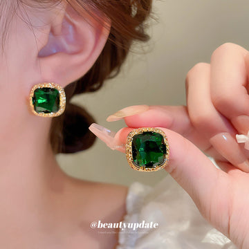 Emerald Green Square Crystal Stud Earrings in Two Designs