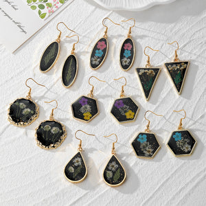 Black Geometric Resin Dried Flower Drop Earrings 7 Shapes