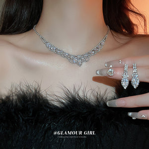 Silver Tone Crystal Crescent Necklace and Stud Earring Set
