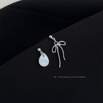 Asymmetric Silver Bow Shell Drop Earrings Mismatched Pair