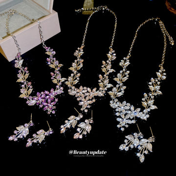 Rhinestone Leaf Flower Necklace Earring Set Three Colors
