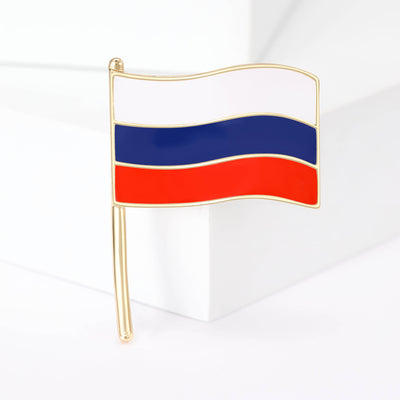A waving Russian tricolor flag on a gold-tone pole shown on a white background