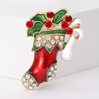 Product display showing a red stocking filled with holly and candy canes