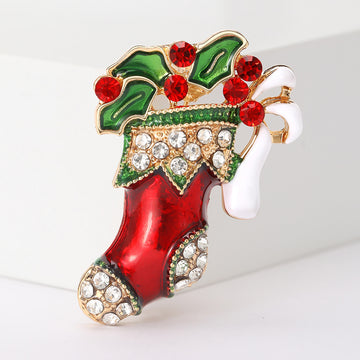 Red Enamel Christmas Stocking Brooch with Crystals