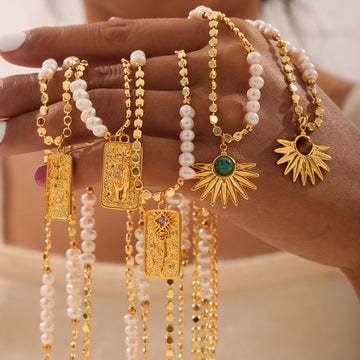 Gold Pearl Disc Chain Pendant Necklaces Hand Sun Rose Motifs