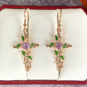Gold-Tone Brass Cross Earrings, Green Enamel and Pink Center Stone