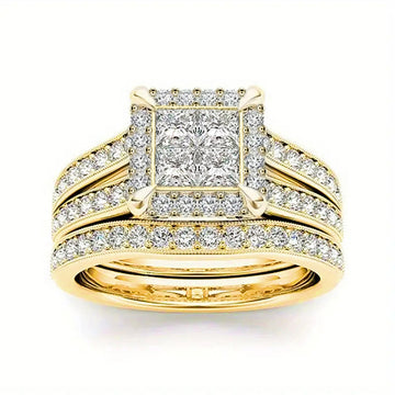 Gold-Tone Three-Piece Square Halo Ring Set with Clear Stone Details