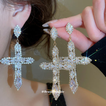 Crystal Cross Dangle Earrings in Gold or Silver Tone