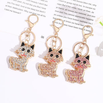 Rhinestone Cat Keychain Gold Tone Crystal Kitten Charm