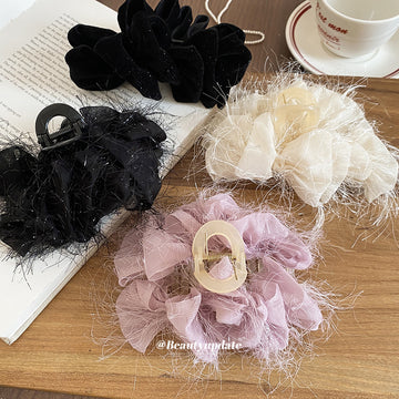 Black Glitter Velvet Flower Bow Large Hair Claw Clip
