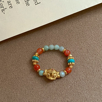 Multicolor Bead Stretch Ring Gold Fox Head Charm Accent