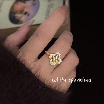 Gold Tone Open Adjustable Clover Knot Ring Pavé Border