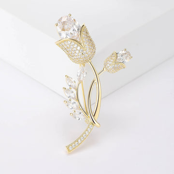 Gold Tone Tulip Stem Brooch With Clear Faceted Stones