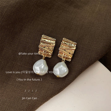 Gold Textured Rectangle Stud Earrings Baroque Pearl Drops