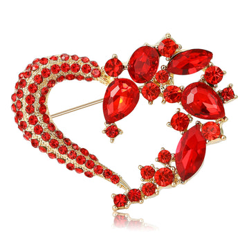 Open Double Heart Floral Crystal Brooch in Red or Blue